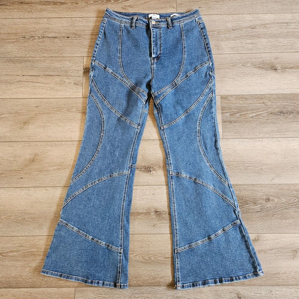 Forever 21 High Rise Flare Jeans Contrast Stitch Boho 70s Coachella Denim Sz 31